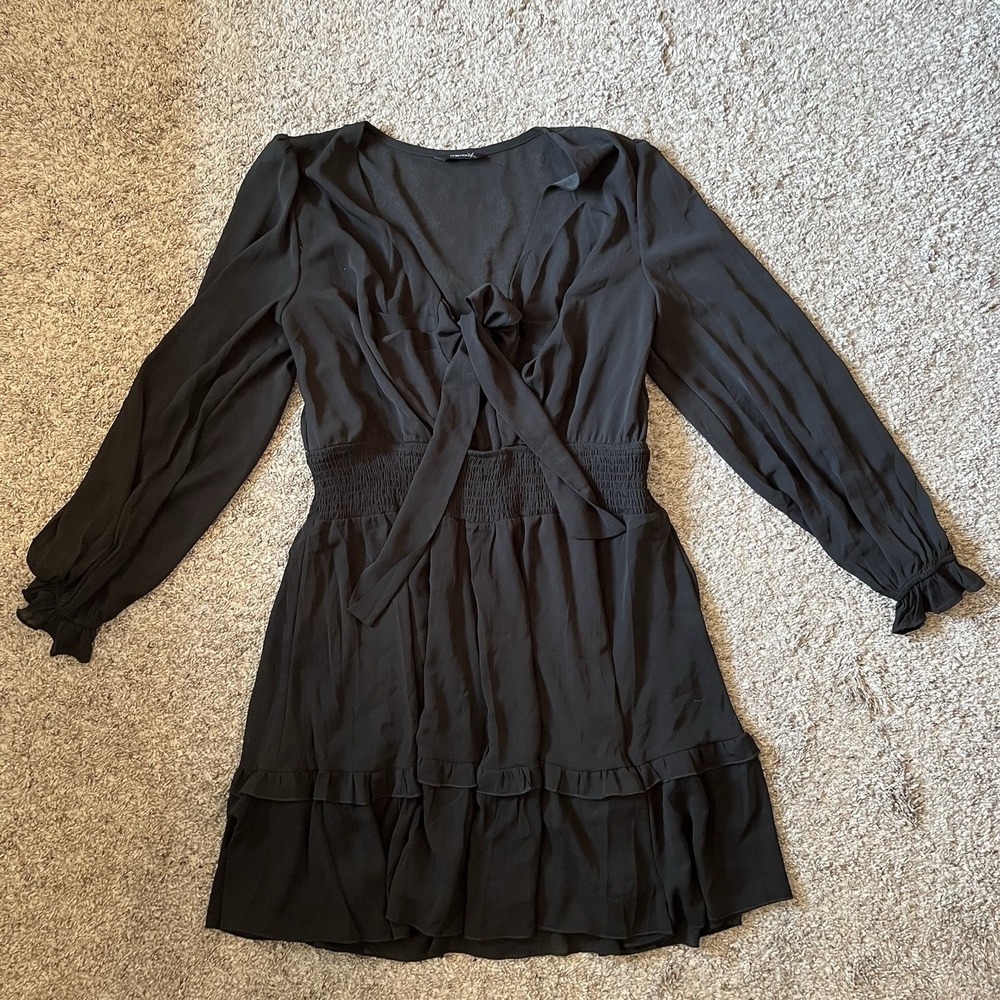 Dokotoo Mini Dress Women's XL Black Long Sleeve Deep V-Neck Front Bow Ruffle Hem